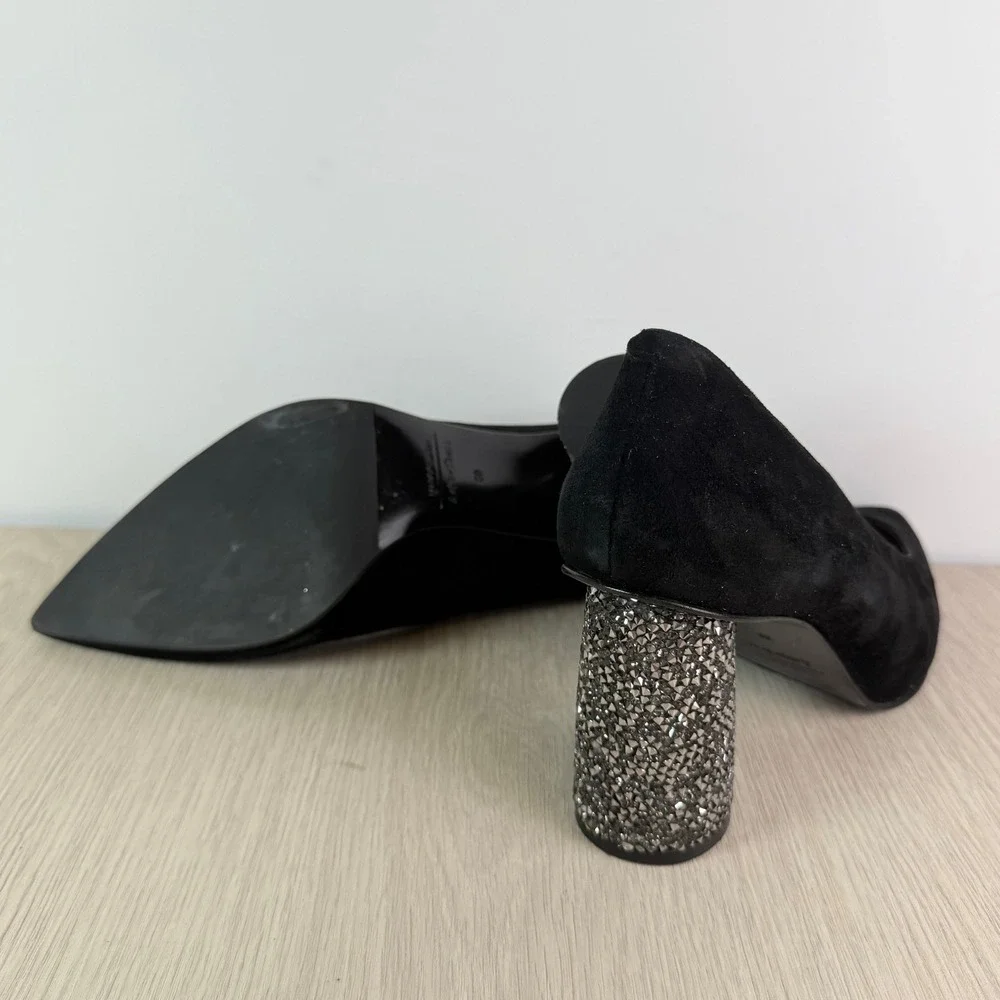 & Other Stories Black Suede‎ Embellished Block Heel Pumps Pointed Toe Spain 39